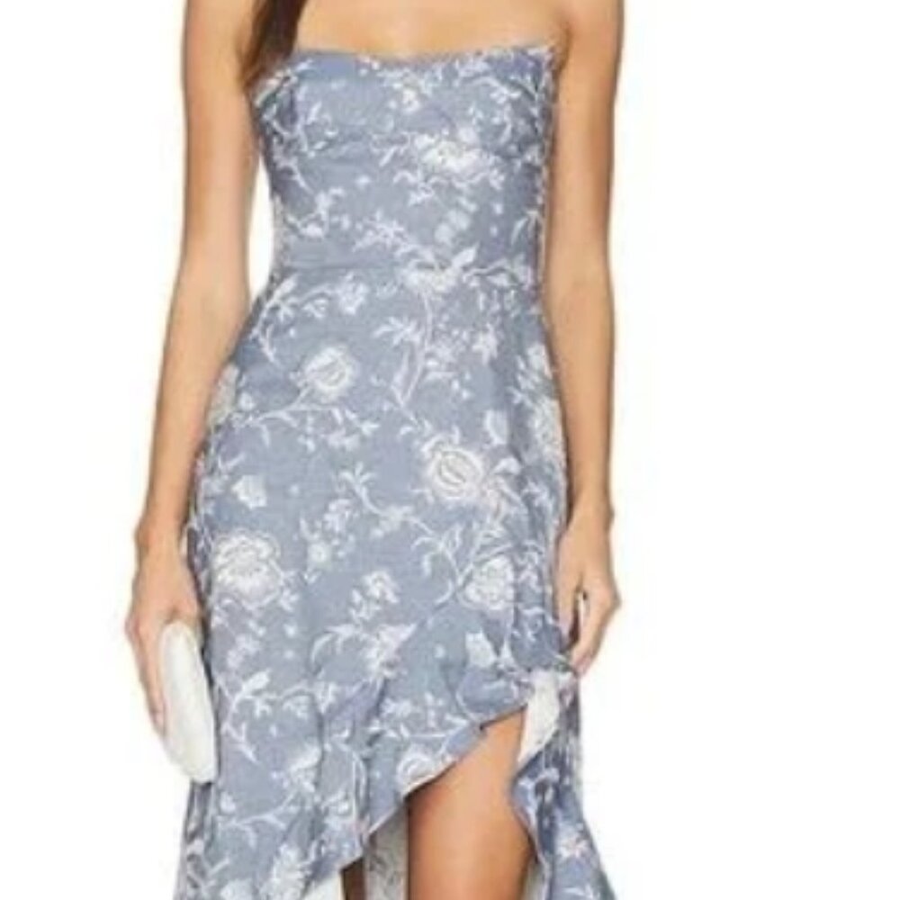 Amanda Uprichard Blue Floral Strapless Midi Dress